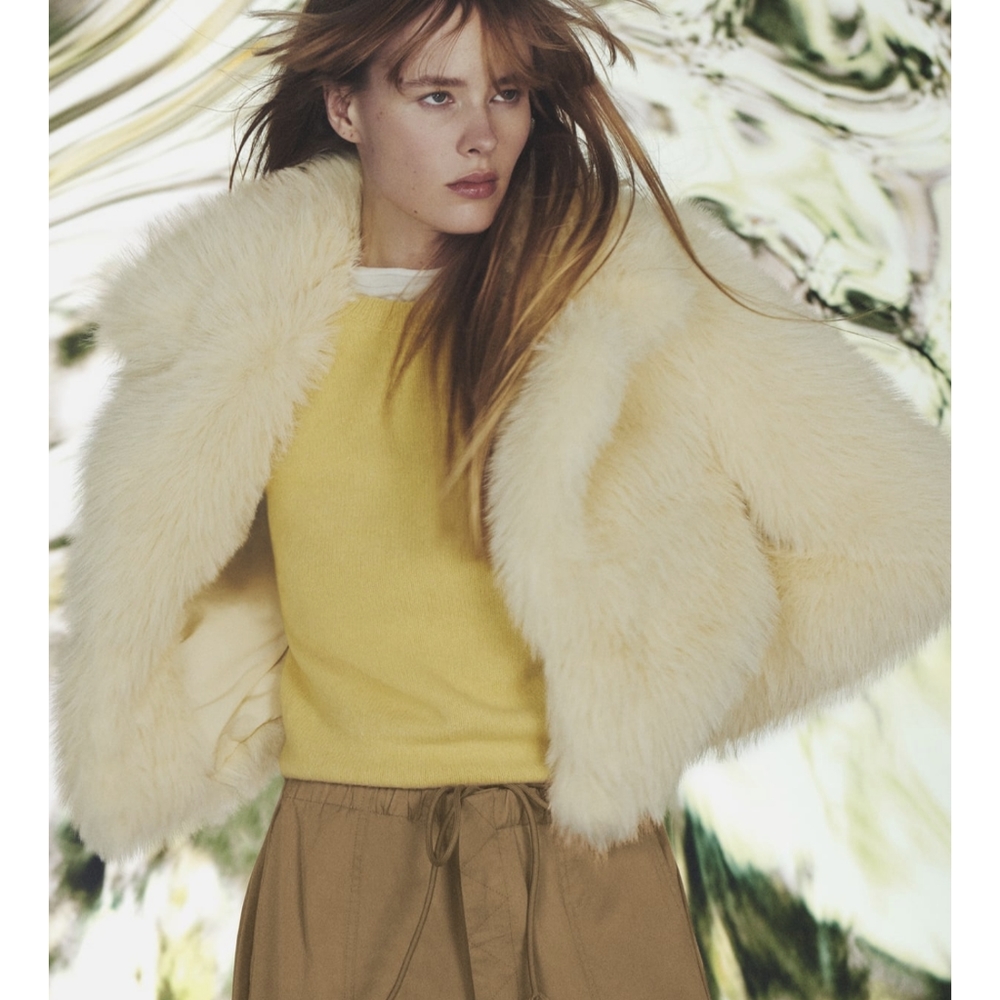 ZARA FAUX-FUR COLLARED SHORT JACKET YELLOW M - Picture 7 of 14